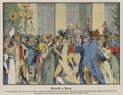 Oogstfeest in Paretz (kleur litho) door Carl Röchling