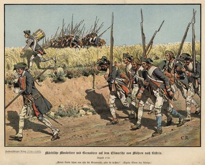 Pruisische musketiers en grenadiers op mars van Mahren naar Kustrin door Carl Röchling