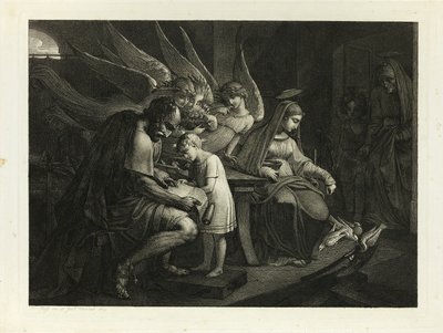 De Heilige Familie Druk Bezig Thuis: Jozef Leert de Jonge Jezus Lezen. Maria Voedt de Duiven. Elizabeth Komt de Kamer Binnen met Johannes door Carl Russ