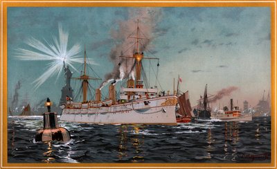 Keizerin Augusta verlaat New York, chromolithografie van C. Saltzmann 95, nr13 uit G. Wislicenus, Unsre Kriegsflotte door Carl Saltzmann