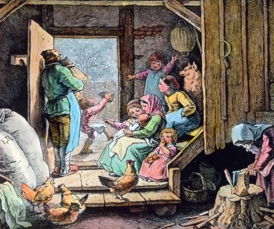 De winter komt met de eerste sneeuw. Grafiek door Duitse schilder en graficus Fritz Richter door Carl Simon