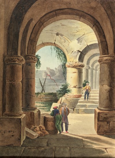 Uitzicht op de zee door een klooster, 1829 door Carl Wilhelm Goetzloff