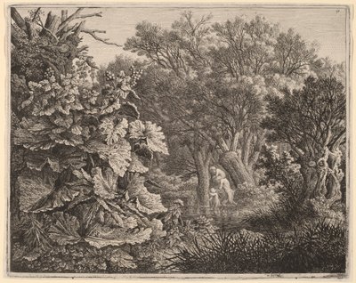 Landschap met grote bladeren en drie saters door Carl Wilhelm Kolbe