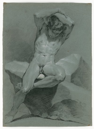 Naaktstudie van een zittende man, met de armen boven het hoofd gekruist door Carle van Loo