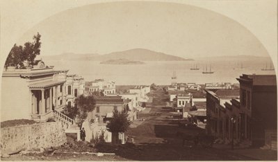 Het eiland Alcatraz en de baai van San Francisco, noordwaarts kijkend,jaren 1880 (foto) door Carleton Emmons Watkins