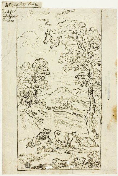 Heuvelachtig landschap met koeien en herders op de voorgrond door Carlo Antonio Tavella