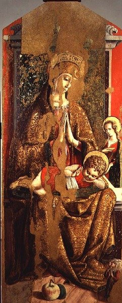 Madonna en kind, centraal paneel van de tweede triptiek van de Valle Castellamo door Carlo Crivelli