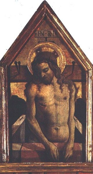 De Verrezen Christus, detail van het San Silvestro polyptiek door Carlo Crivelli
