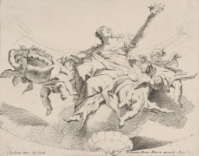 Macht, voorgesteld door een vrouw zittend op wolken met een kroon en omringd door putti, 1725-75 door Carlo Innocenzo Carloni