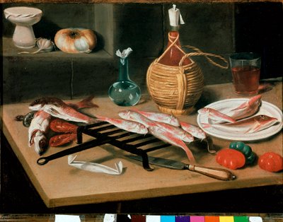 Stilleven tafel met gegrilde vis (mullet) en fles wijn. Schilderij door Carlo Magini (1720-1806). Faenza, Pinacoteca comunale door Carlo Magini