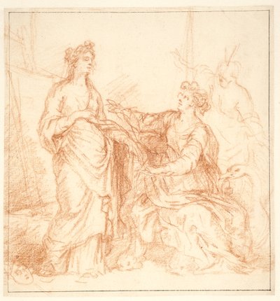 Allegorische compositie met drie vrouwelijke figuren voor een schilderij op een ezel, een met een masker aan haar voeten, een andere vergezeld door een zwaan door Carlo Maratti