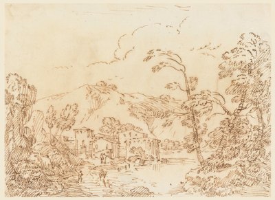 Tekening, Een dorp aan een beek in bergachtig land, 1770-86 door Carlo Marchionni