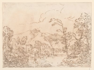Tekening, Een dorp aan een beek in bergachtig land, 1770-86 door Carlo Marchionni