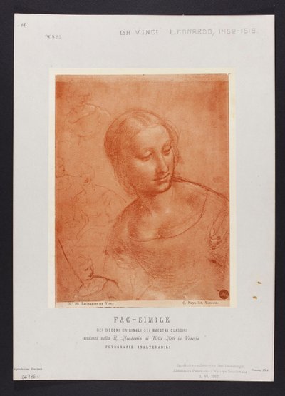 Studie eines weiblichen Büstenbildes, Zeichnung von Leonardo da Vinci (1452-1519) aus der Sammlung der R. Accademia di Belle Arti in Venedig; Tafel aus der Mappe: "Fac-simile dei disegni originali dei maestri classici esistenti nella R. Academia di Belle A door Carlo Naya