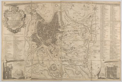 Plan van het oude Rome met een uitzicht op het Pantheon linksonder en een triomfboog rechtsonder, 1748 door Carlo Nolli