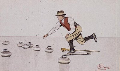Man die een steen werpt in een curlingwedstrijd door Carlo Pellegrini