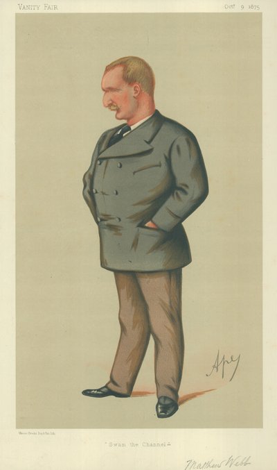 Mr. Matthew Webb, Zwom het Kanaal over, 9 oktober 1875, Vanity Fair cartoon door Carlo Pellegrini