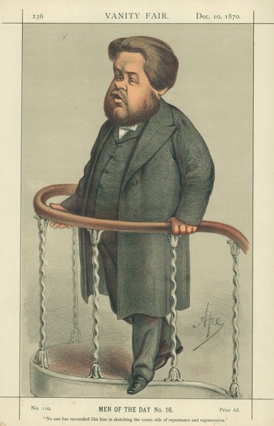 De Eerwaarde Charles Spurgeon, Niemand is erin geslaagd zoals hij om de komische kant van berouw en wedergeboorte te schetsen, 17 juli 1880, Vanity Fair cartoon door Carlo Pellegrini