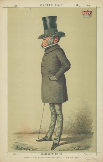 Burggraaf Sydney, Hij ontving de Koninklijke Bevelen en verlengde de rokken van het Ballet, 1 mei 1869, Vanity Fair cartoon door Carlo Pellegrini