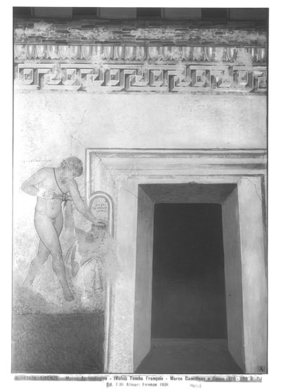 Eteocles en Polynices, reconstructie van de Etruskische muurschildering in het Francois-graf in Vulci door Carlo Ruspi