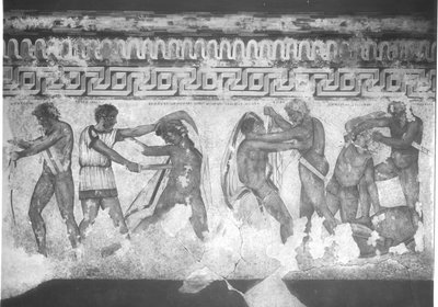 Reconstructie van de Etruskische muurschildering in het Francois-graf in Vulci, ca. 320-280 v.Chr. door Carlo Ruspi