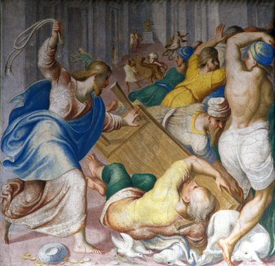 Jezus Christus verdrijft kooplieden bij de poorten van de Tempel. Fresco door Carlo Urbino. Milaan, S. Maria della Passione door Carlo Urbino