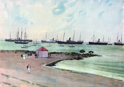 Gevangen Spaanse schepen voor anker in Man-of-War Harbor, Key West. Uitzicht vanaf de Esplanade bij de Amerikaanse legerkazerne door Carlton Theodore Chapman
