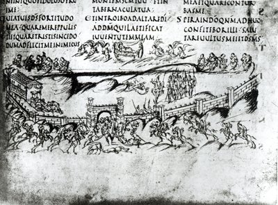 Illustratie van verschillende scènes uit Psalm 43 inclusief het vers Ontwaak, waarom slaapt Gij, o Heer?, uit de Utrechtse Psalter, kopie van het origineel uit Reims nu in de Universiteitsbibliotheek Utrecht door Carolingian School
