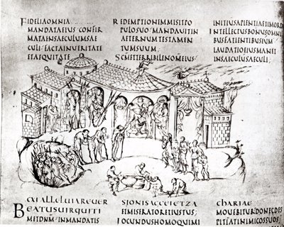 Verschillende scènes die een psalm illustreren, uit de Utrechtse Psalter, kopie van het origineel uit Reims nu in de Universiteitsbibliotheek Utrecht door Carolingian School