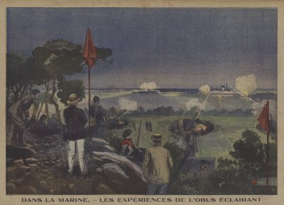 Oefening van de Franse marine in het afvuren van verlichtingsgranaten door Carrey