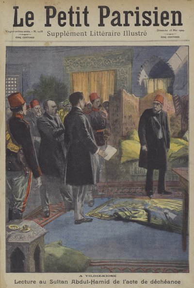 Voorlezing van de akte van afzetting aan Sultan Abdul Hamid II in het Yildiz-paleis, Constantinopel door Carrey