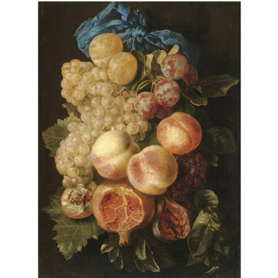 Een stilleven met pruimen, druiven, perziken en een granaatappel gebonden met een blauw lint door Carstian Luyckx