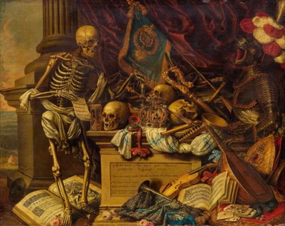 Vanitas Stilleven met muziekinstrumenten, boeken, bladmuziek, skelet, schedel en harnas, 17e eeuw door Carstian Luyckx