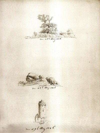 Boom, kruiwagen en toren door Caspar David Friedrich