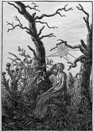 De vrouw met het spinnenweb tussen kale bomen door Caspar David Friedrich