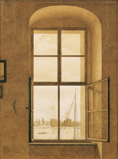 Duits: Blick aus dem Fenster des Künstlers, rechtes Fenster Uitzicht vanuit het raam van het atelier van de kunstenaar, rechter raam door Caspar David Friedrich