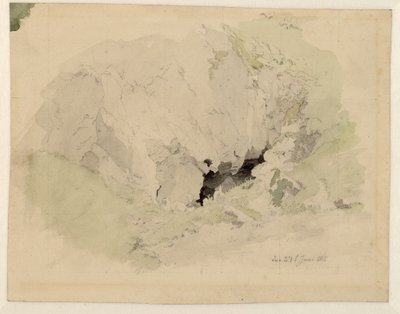 Duits: Studie zur "Felsenschlucht" mit zwei kleinen Figuren am Höhleneingang Studie zur "Felsenschlucht" (letterlijk: Rotskloof) met twee kleine figuren bij de ingang van de grot door Caspar David Friedrich