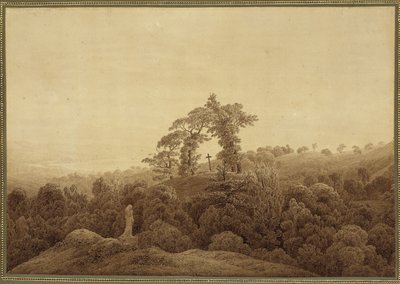 Kustlandschap met kruis en standbeeld door Caspar David Friedrich