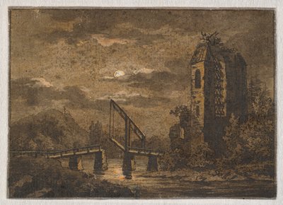 Landschap met wipbrug en ruïne in maanlicht door Caspar David Friedrich