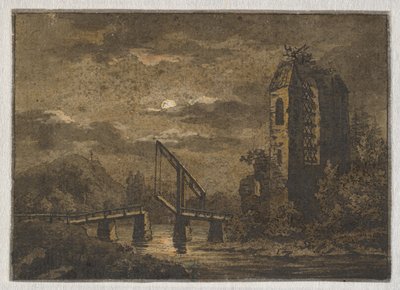 Landschap met wipbrug en ruïne in maanlicht door Caspar David Friedrich