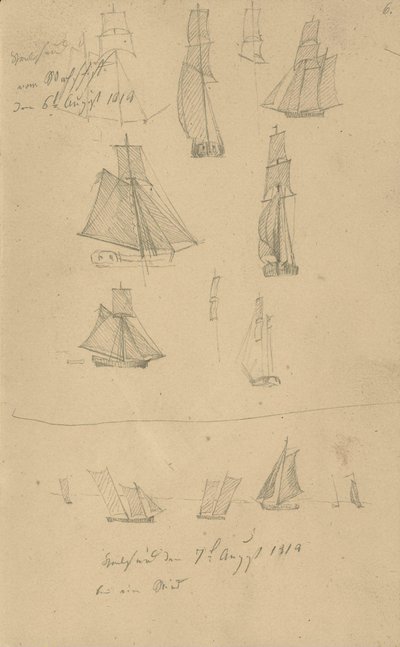 Studies van zeilschepen door Caspar David Friedrich