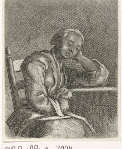 Slapend meisje aan tafel door Caspar Jacobsz. Philips