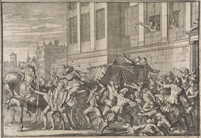 Aanval te Madrid op het rijtuig van de graaf van Olivares, Gaspard de Gusmán, 1643 door Caspar Luyken (attributed to)