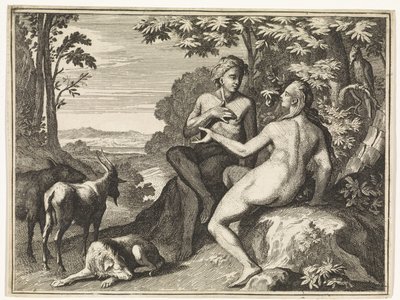Adam en Eva omringd door de dieren in het paradijs door Caspar Luyken