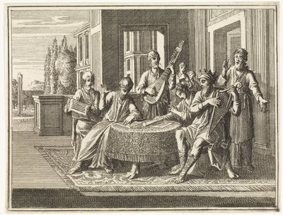 David zit aan een tafel en bespeelt de harp door Caspar Luyken