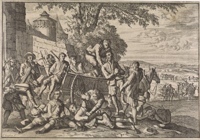 Spaanse soldaten worden op karren geladen en weggevoerd, 1641 door Caspar Luyken