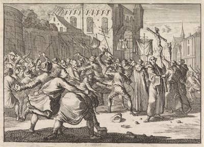 Processie begroet met steenworpen in Danzig, 1678 door Caspar Luyken
