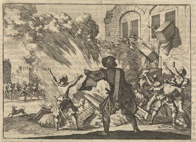 Tolhuis te Lyon wordt geplunderd naar aanleiding van verhoogde accijnzen, 1625 door Caspar Luyken
