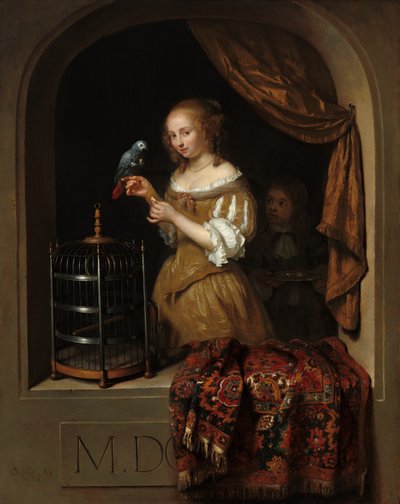 Een Vrouw die een Papegaai Voert, met een Page door Caspar Netscher