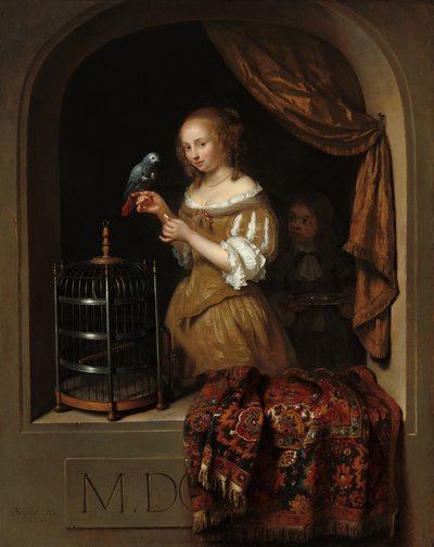 Een vrouw die een papegaai voedt, met een page door Caspar Netscher